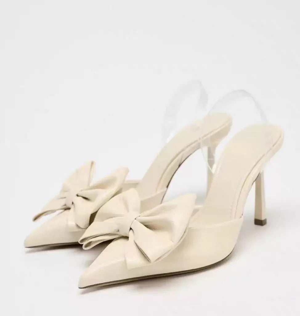 ZA Women's 2026 Summer Nude Sandals Pearl Rhinestone Pointed Toe Mules Heel Back Strap Party Wedding Dress Shoes Elegant Pumps