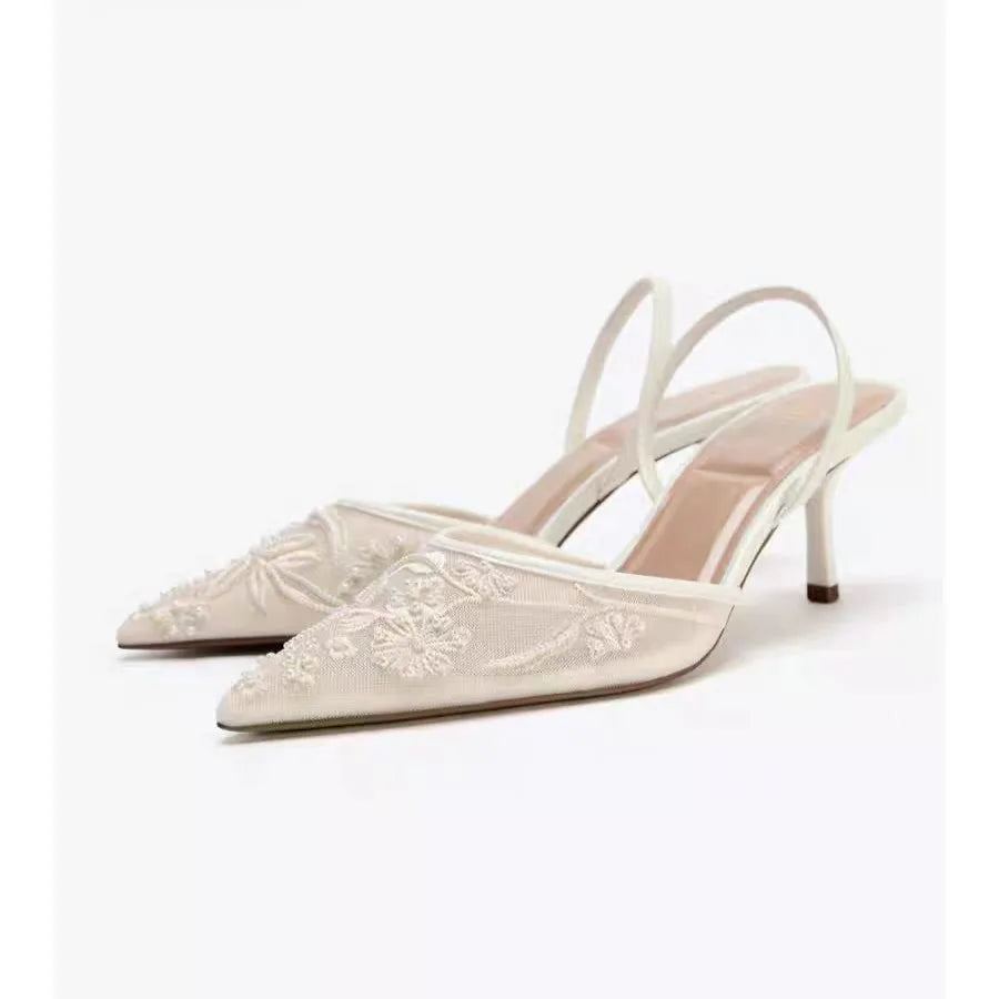 ZA Women's 2026 Summer Nude Sandals Pearl Rhinestone Pointed Toe Mules Heel Back Strap Party Wedding Dress Shoes Elegant Pumps