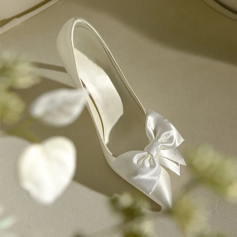 2024 Spring Summer Winter White Bowknot High Heels Women's Bridal Shoes Pointed Stiletto Heel Pumps Anti-Odor Height Increasing