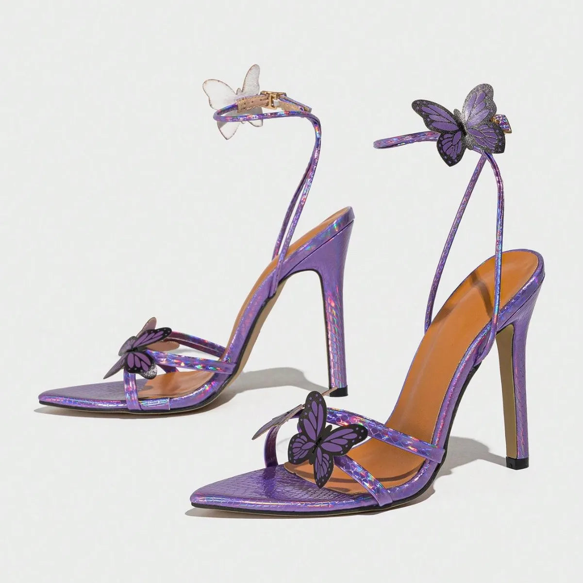 Source Factory Wholesale Women's Pointed Toe Three-Dimensional Butterfly Stiletto Sandals Party Purple High Heels