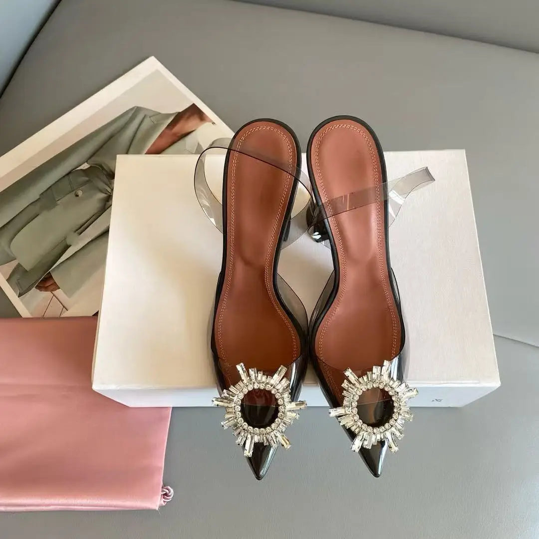 New High-quality Sunflower Crystal Diamond Women's High Heels, PVC Summer Transparent Pointed-toe Thin-heeled Sandals