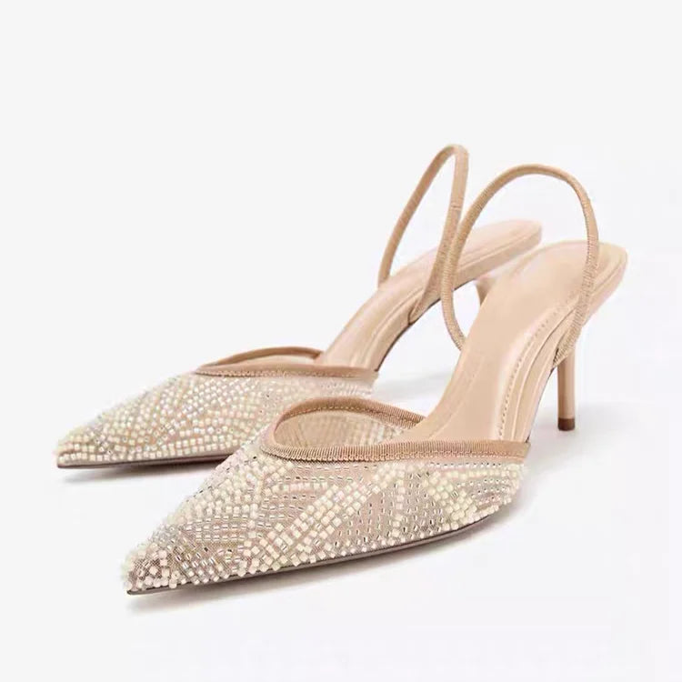 ZA Women's 2026 Summer Nude Sandals Pearl Rhinestone Pointed Toe Mules Heel Back Strap Party Wedding Dress Shoes Elegant Pumps