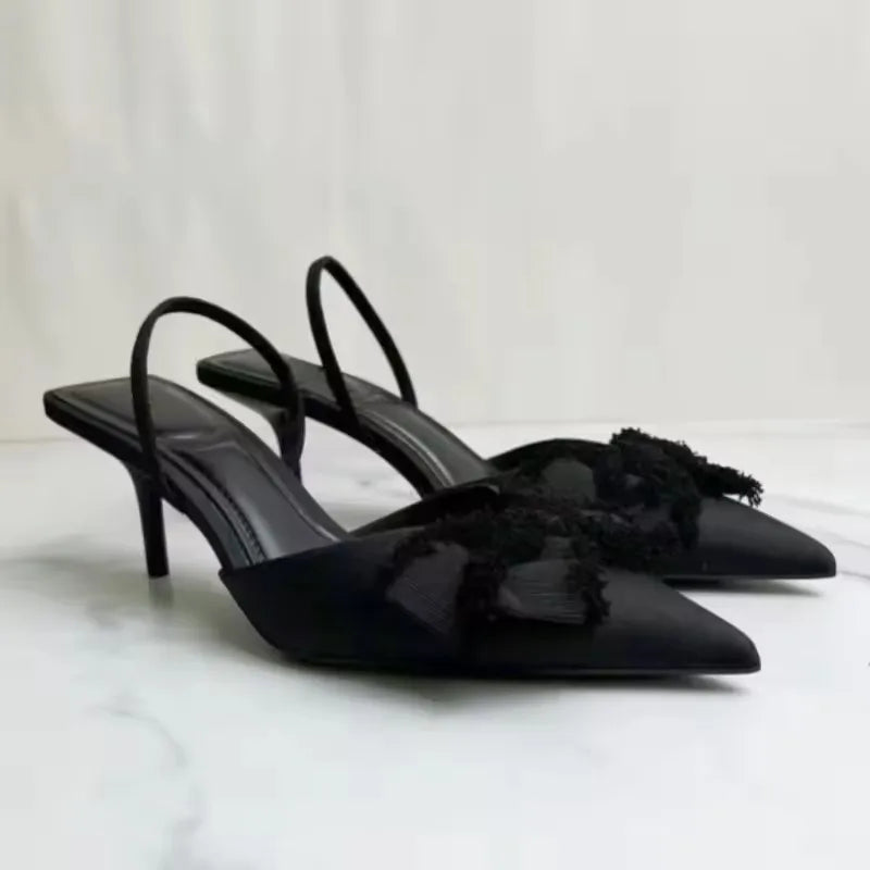 STYLE Slingback Shoes Black Bow Decoration Pointed Toe High Heels Formal Business Stiletto Female Party Sandals