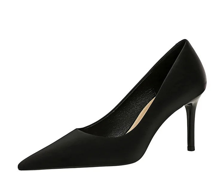 Bigtree 3265-1 Satin Slip-On Shoes with Thin Heels Comfortable Evergreen Upper Material