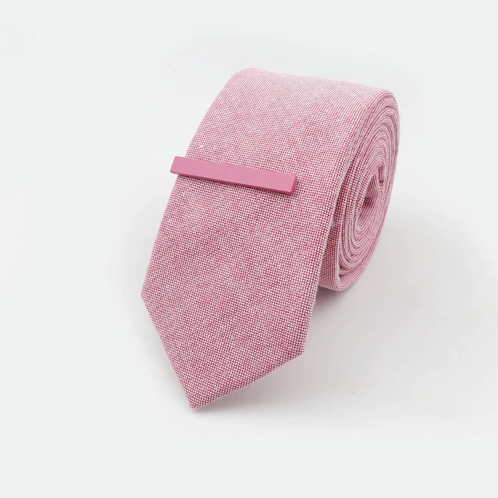 Tie&Clip Set Fashion 6cm Solid Color Linen/Cotton Necktie Bright Ties Pin Clips Clasp Colourful for Men's Clothing Accessories