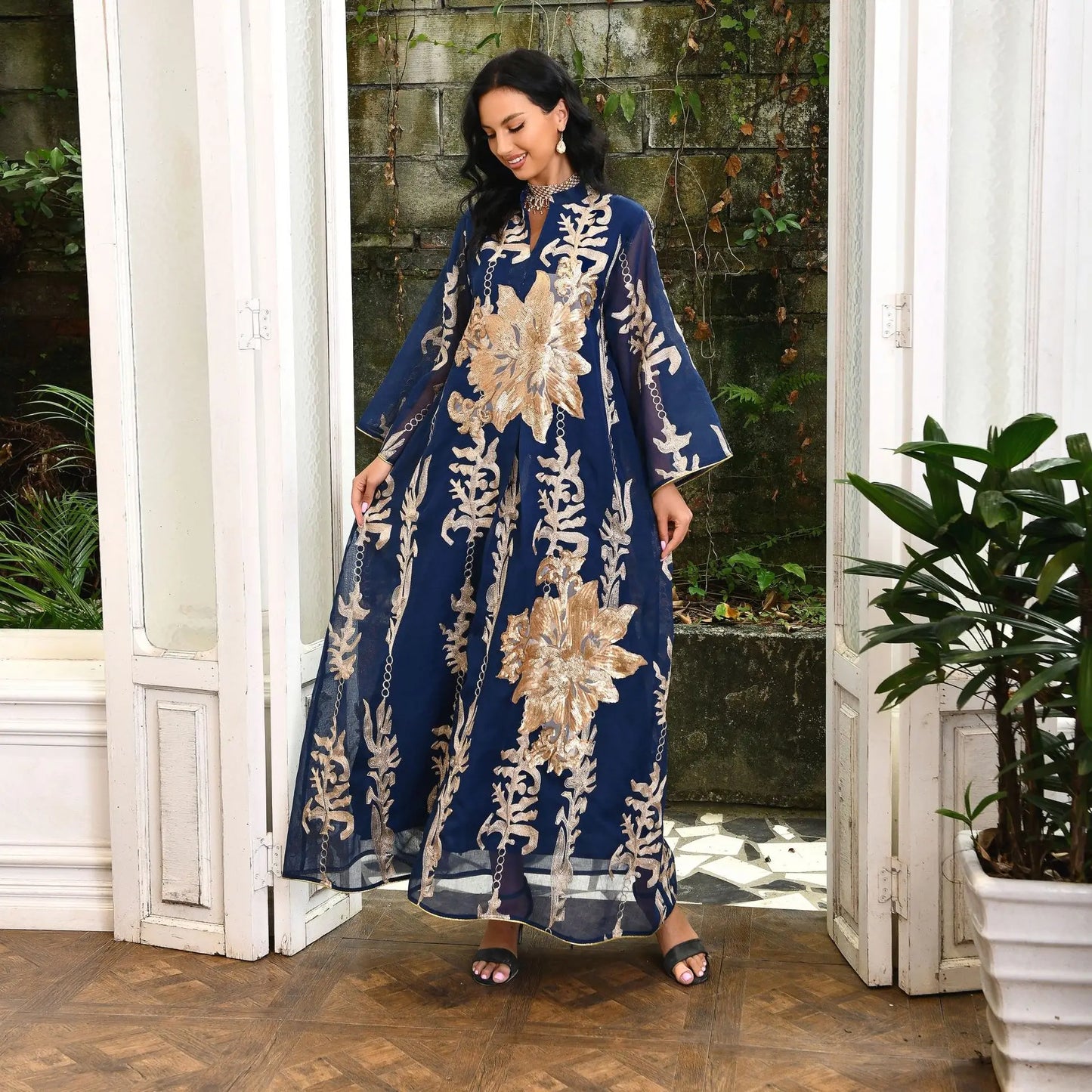 Women's New White Abaya Dress Sequins Embroidery Moroccan Kaftan Turkish Arabic Jalabiya Ethnically Islamic Robe Natural