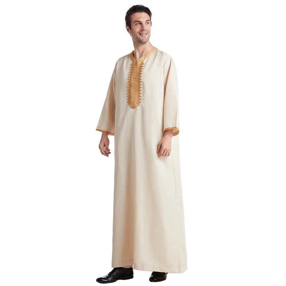 Muslim Men Jubba Thobe Solid Color Breathable Embroidery Long Robes Gown Islamic Arabic Kaftan Abaya Middle East Dubai Pakistani