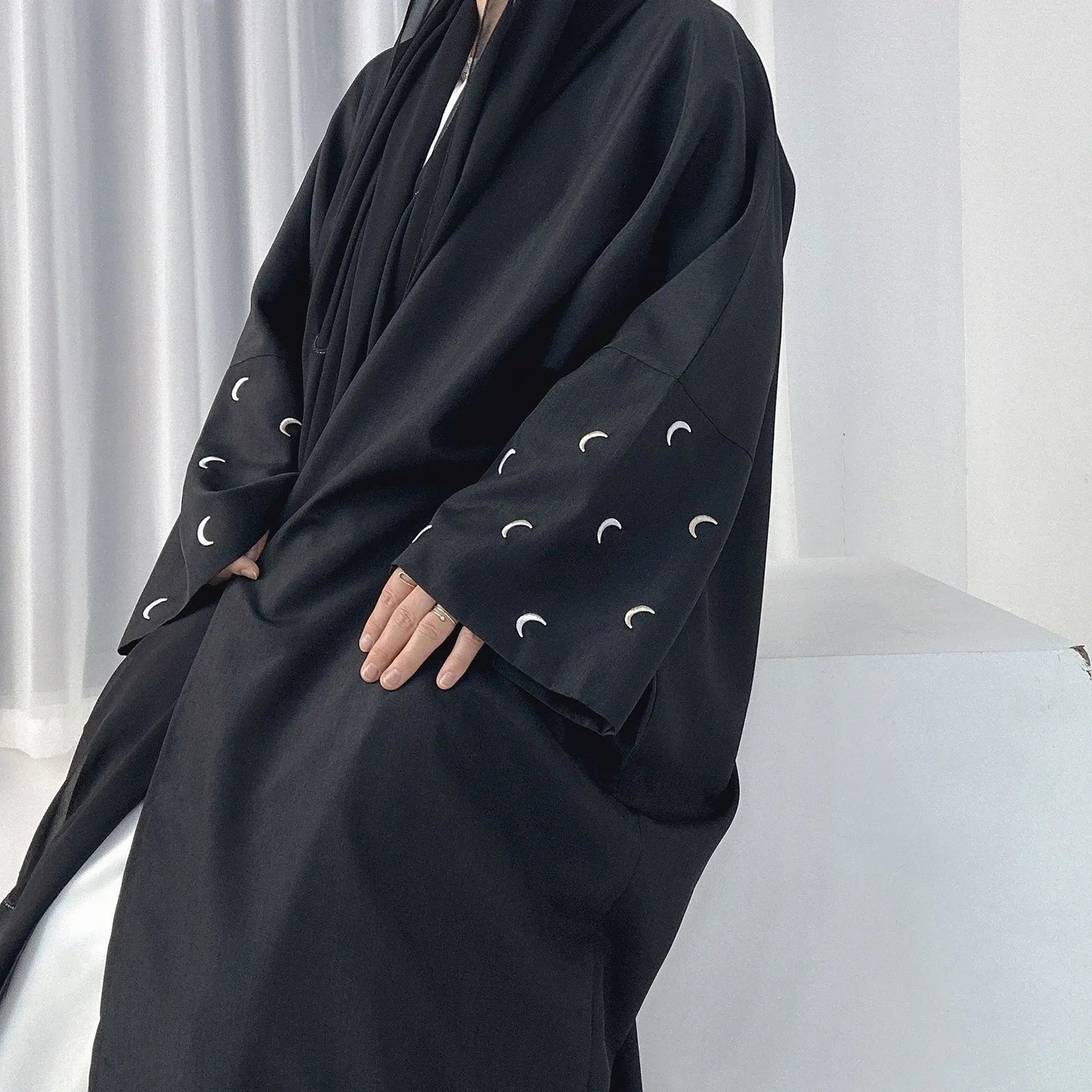 E-13 Dubai Islamic Clothing Eid Saudi Arabia Open Cardigan Moon Embroidery Muslim Abaya Dress for Women Casual All Breathable