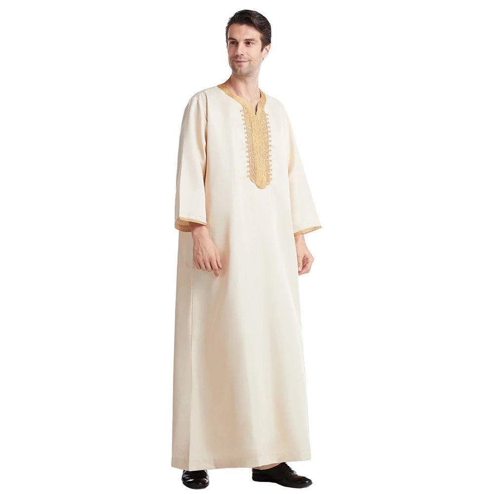 Muslim Men Jubba Thobe Solid Color Breathable Embroidery Long Robes Gown Islamic Arabic Kaftan Abaya Middle East Dubai Pakistani