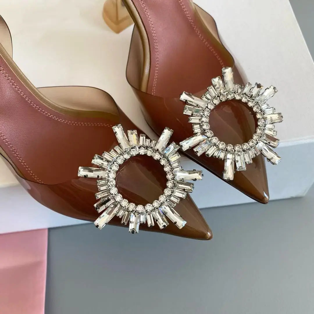 New High-quality Sunflower Crystal Diamond Women's High Heels, PVC Summer Transparent Pointed-toe Thin-heeled Sandals