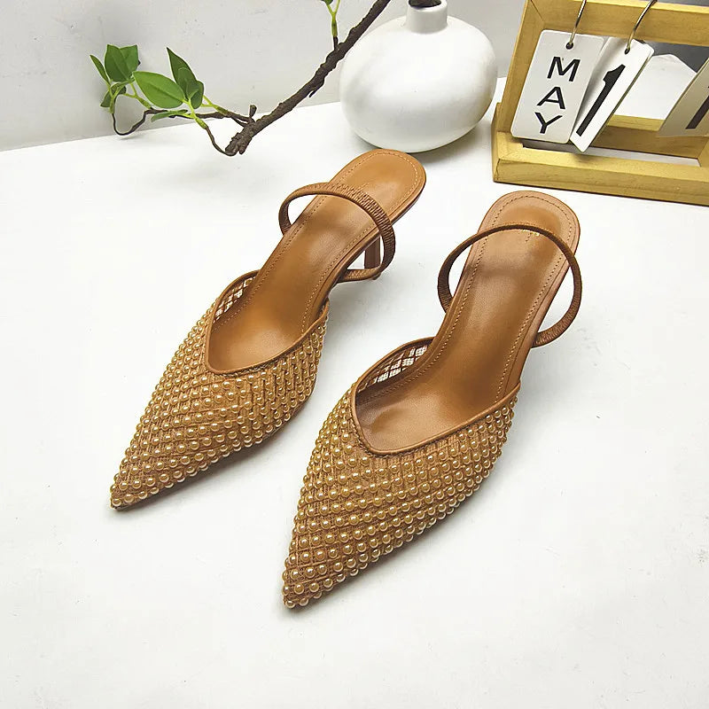 ZA Women's 2026 Summer Nude Sandals Pearl Rhinestone Pointed Toe Mules Heel Back Strap Party Wedding Dress Shoes Elegant Pumps
