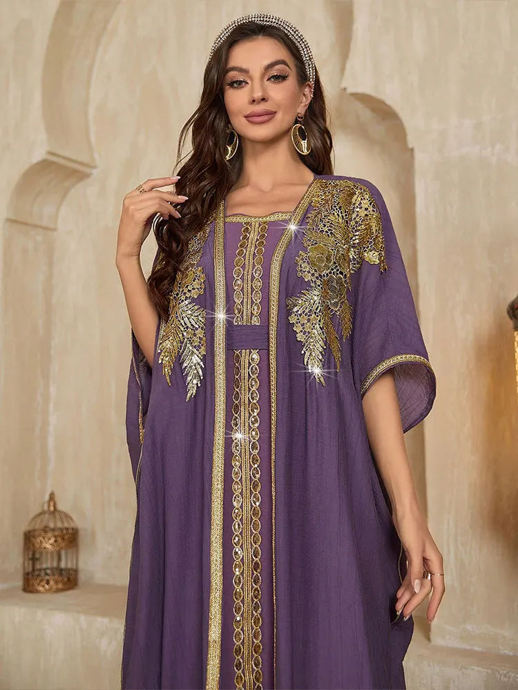 Latest Muslim Kaftan Abaya Women Purple Modest Dress Gold Sequin Embroidered 3/4 Sleeve Open Abaya Islamic Formal Gown