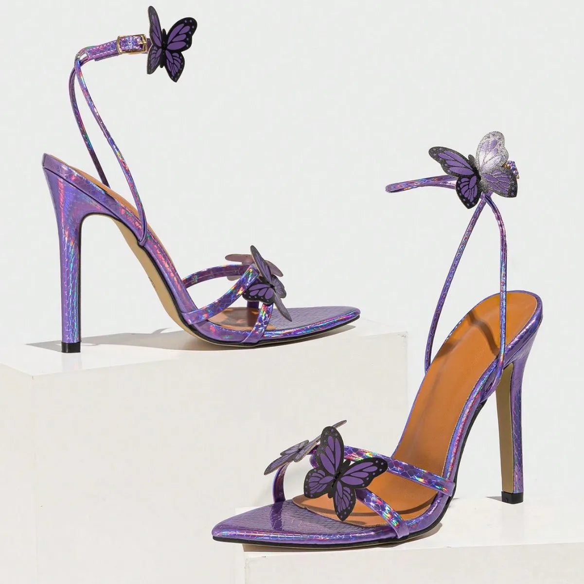 Source Factory Wholesale Women's Pointed Toe Three-Dimensional Butterfly Stiletto Sandals Party Purple High Heels