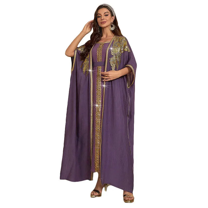 Latest Muslim Kaftan Abaya Women Purple Modest Dress Gold Sequin Embroidered 3/4 Sleeve Open Abaya Islamic Formal Gown