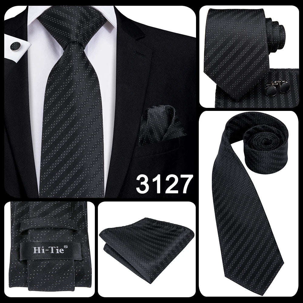 Hi-tie Design Black Solid Dot Silk Wedding Tie For Men Hanky Cufflink Gift Men Necktie Gravata Set Fashion Business Dropshipping