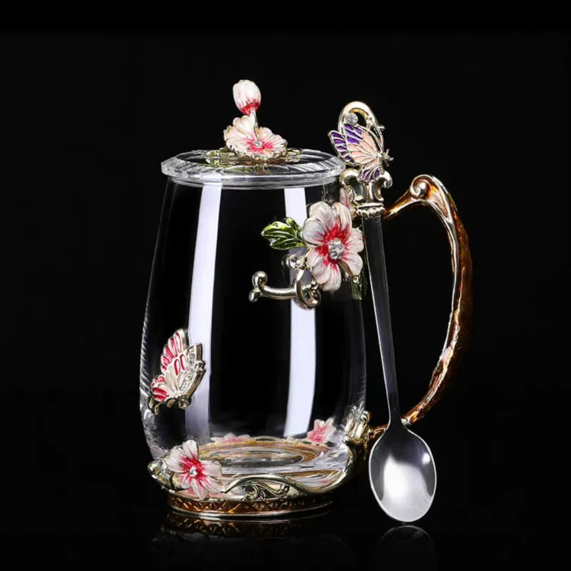 Beauty Enamel Crystal Glass Cup Flower Tea Mug High-grade Glass Water Cup and Mug with Handgrip Perfect Gift for Lover Wedding