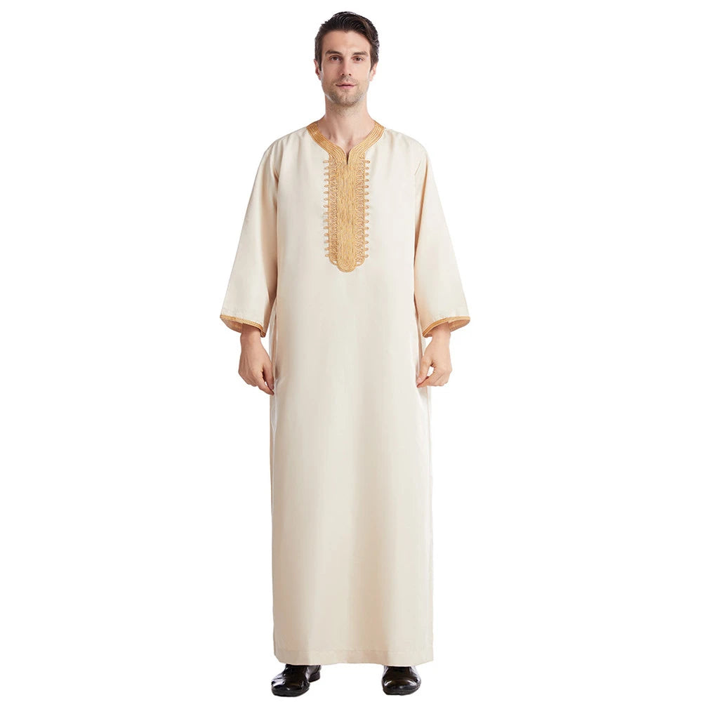Muslim Men Jubba Thobe Solid Color Breathable Embroidery Long Robes Gown Islamic Arabic Kaftan Abaya Middle East Dubai Pakistani