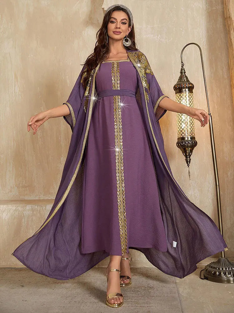Latest Muslim Kaftan Abaya Women Purple Modest Dress Gold Sequin Embroidered 3/4 Sleeve Open Abaya Islamic Formal Gown