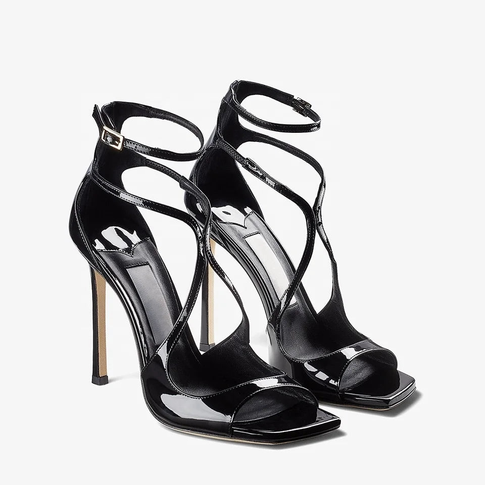 Customized Women's Summer Fashion Stiletto Heel Open Toe High Heels with Buckle Closure Patent Leather Breathable & Light Weight