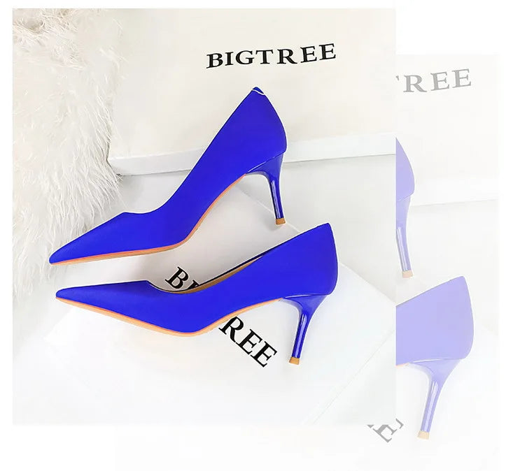 Bigtree 3265-1 Satin Slip-On Shoes with Thin Heels Comfortable Evergreen Upper Material