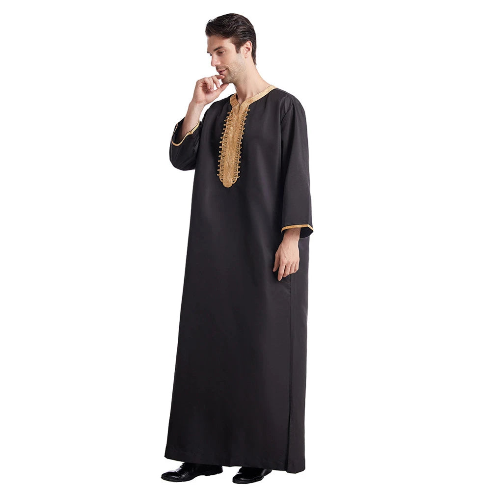 Muslim Men Jubba Thobe Solid Color Breathable Embroidery Long Robes Gown Islamic Arabic Kaftan Abaya Middle East Dubai Pakistani