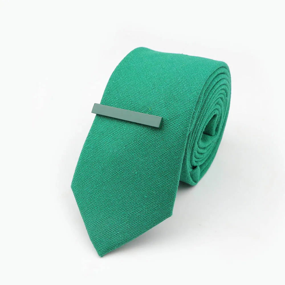 Tie&Clip Set Fashion 6cm Solid Color Linen/Cotton Necktie Bright Ties Pin Clips Clasp Colourful for Men's Clothing Accessories