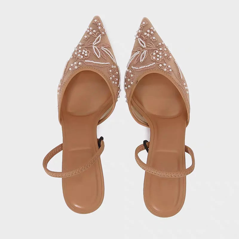 ZA Women's 2026 Summer Nude Sandals Pearl Rhinestone Pointed Toe Mules Heel Back Strap Party Wedding Dress Shoes Elegant Pumps