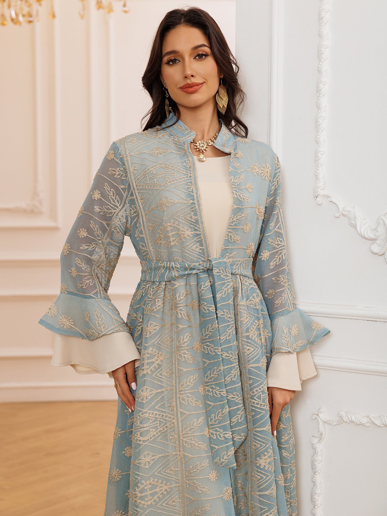 Fall Casual Maxi Dresses for Women Flare Sleeve Embroidery Lace Dress