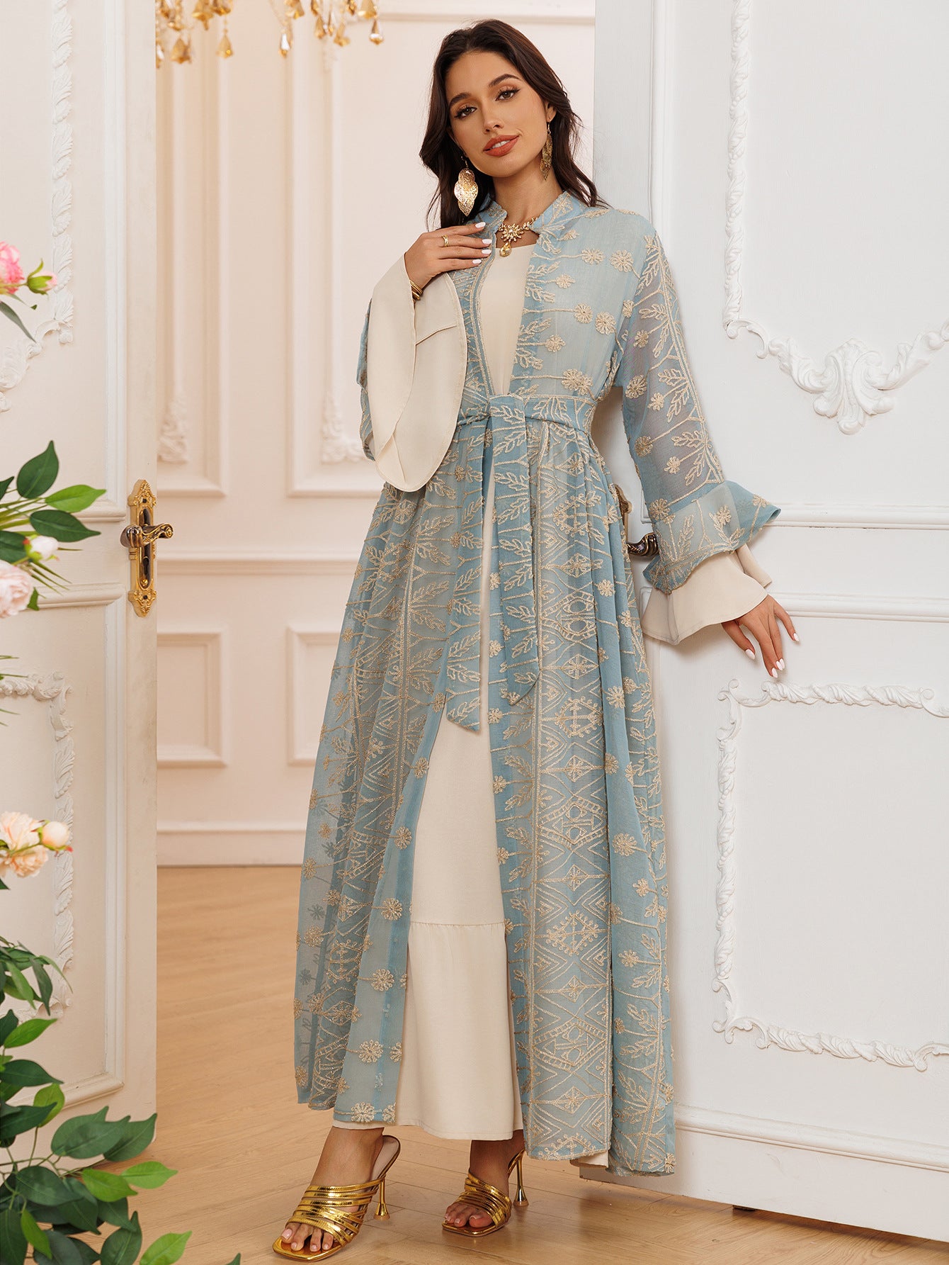Fall Casual Maxi Dresses for Women Flare Sleeve Embroidery Lace Dress