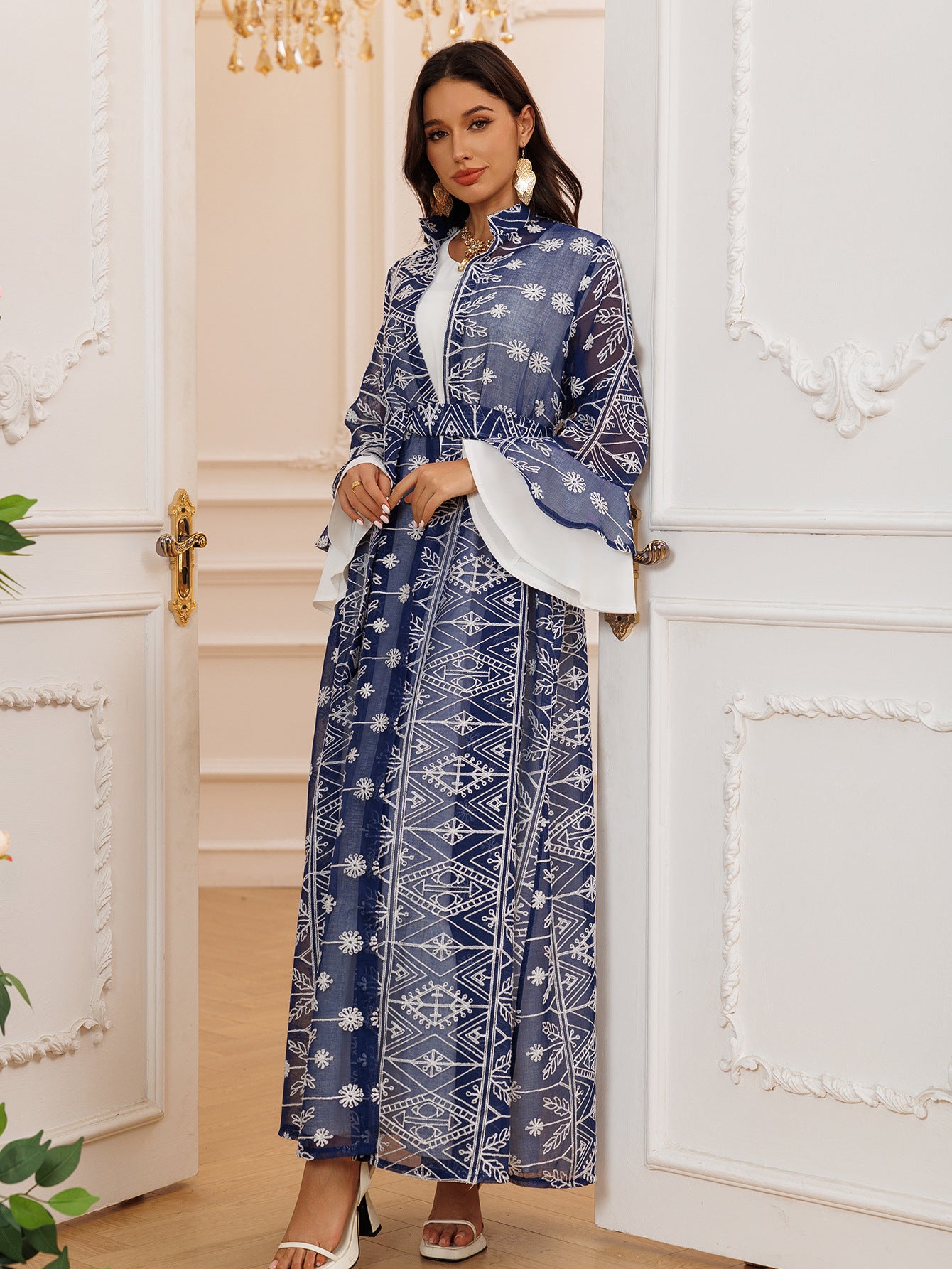Fall Casual Maxi Dresses for Women Flare Sleeve Embroidery Lace Dress
