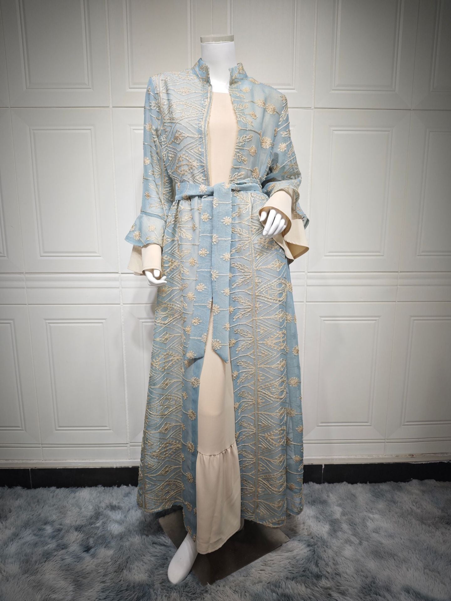 Fall Casual Maxi Dresses for Women Flare Sleeve Embroidery Lace Dress