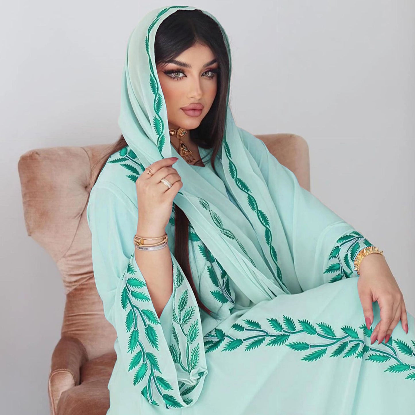 Eid Muslim Abaya for Women Embroidery Dress with Scarf 2 Piece Set Dubai Arab Long Robe Morocco Abayas Kaftan Headscarf Gorgeous