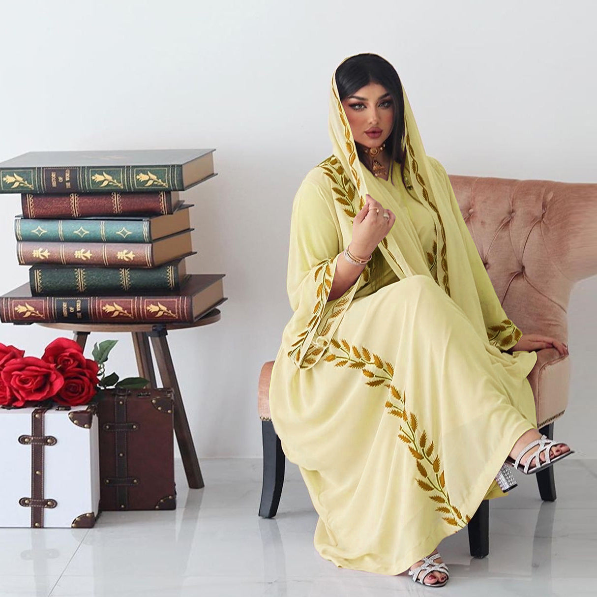 Eid Muslim Abaya for Women Embroidery Dress with Scarf 2 Piece Set Dubai Arab Long Robe Morocco Abayas Kaftan Headscarf Gorgeous