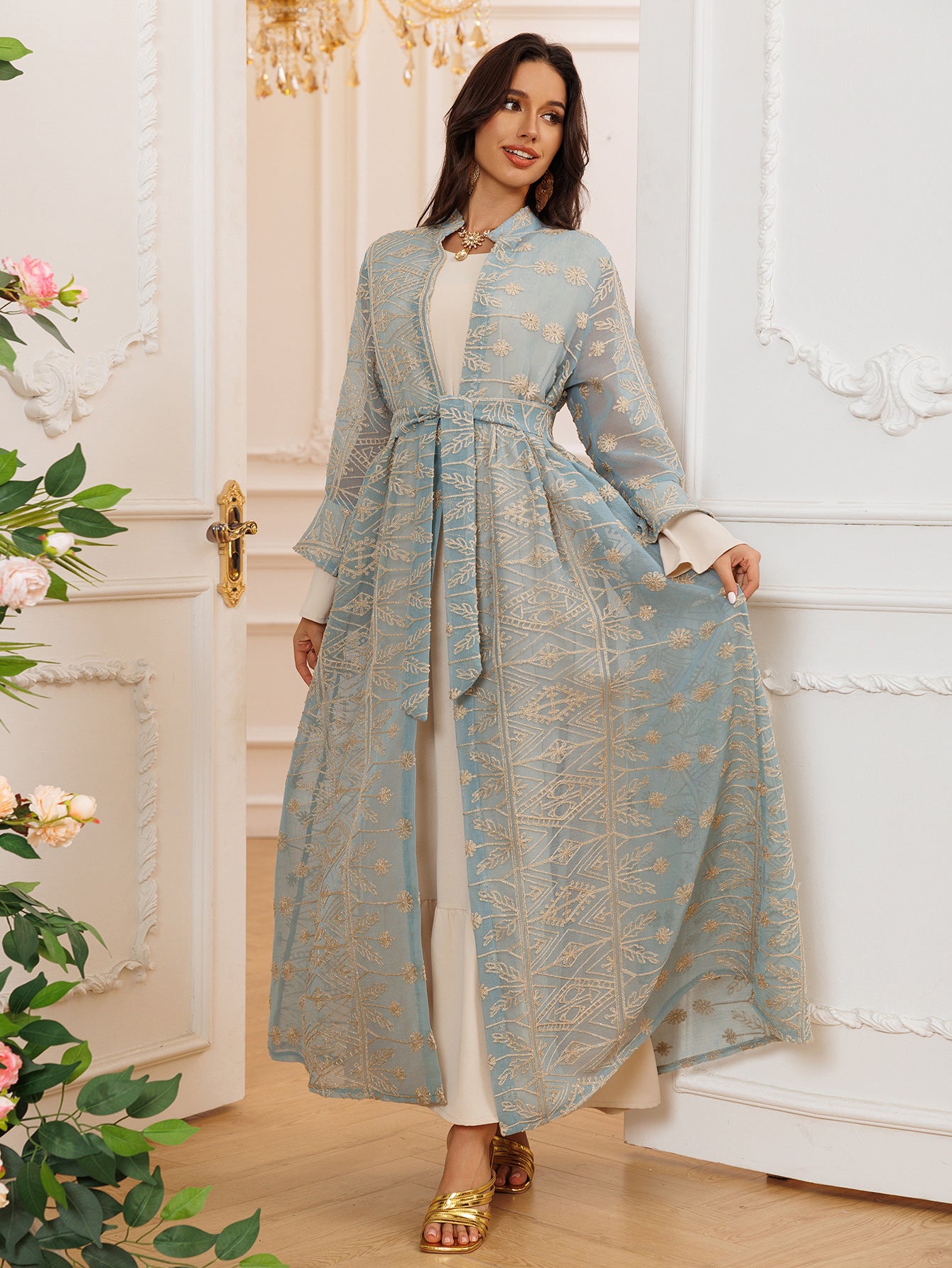 Fall Casual Maxi Dresses for Women Flare Sleeve Embroidery Lace Dress
