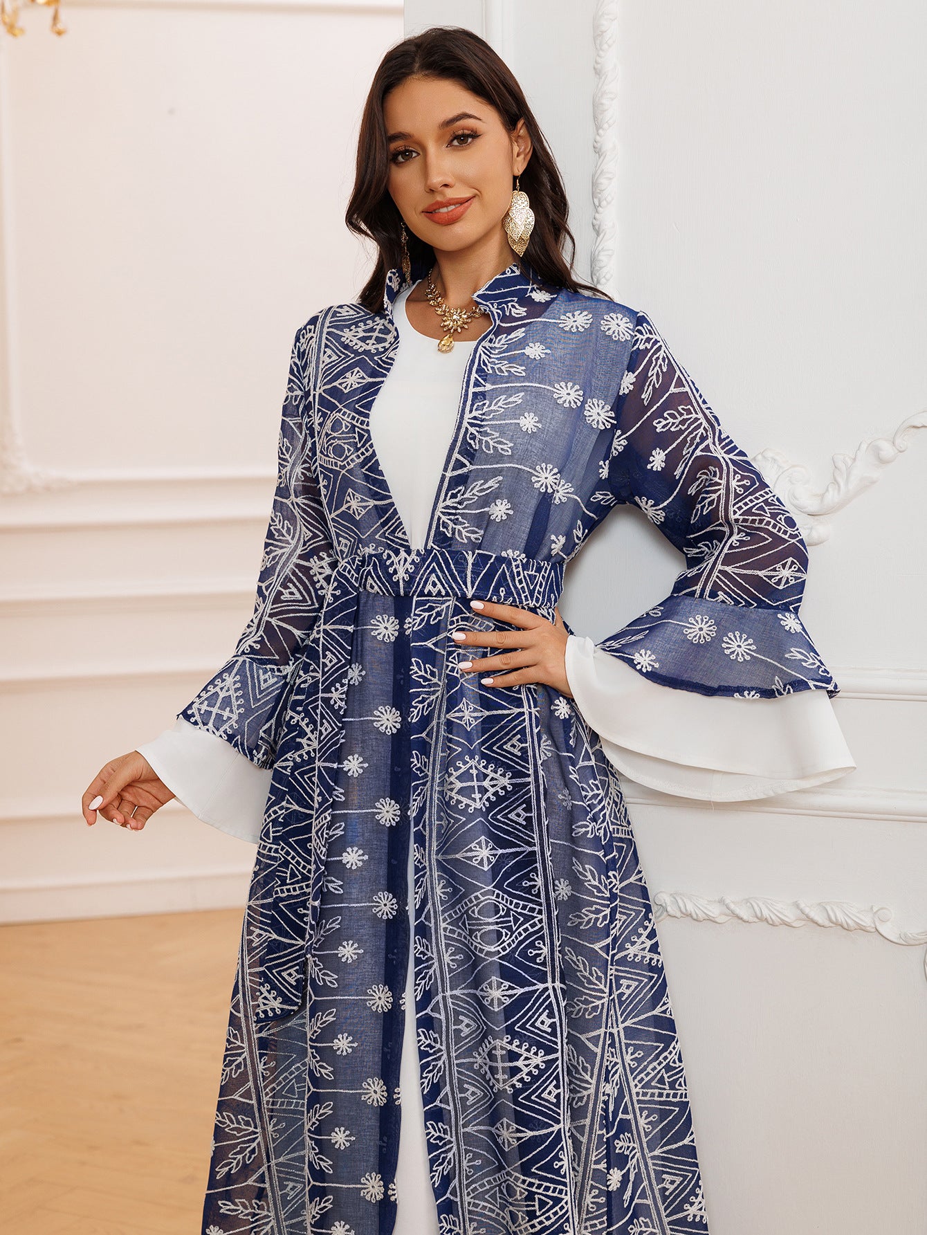 Fall Casual Maxi Dresses for Women Flare Sleeve Embroidery Lace Dress