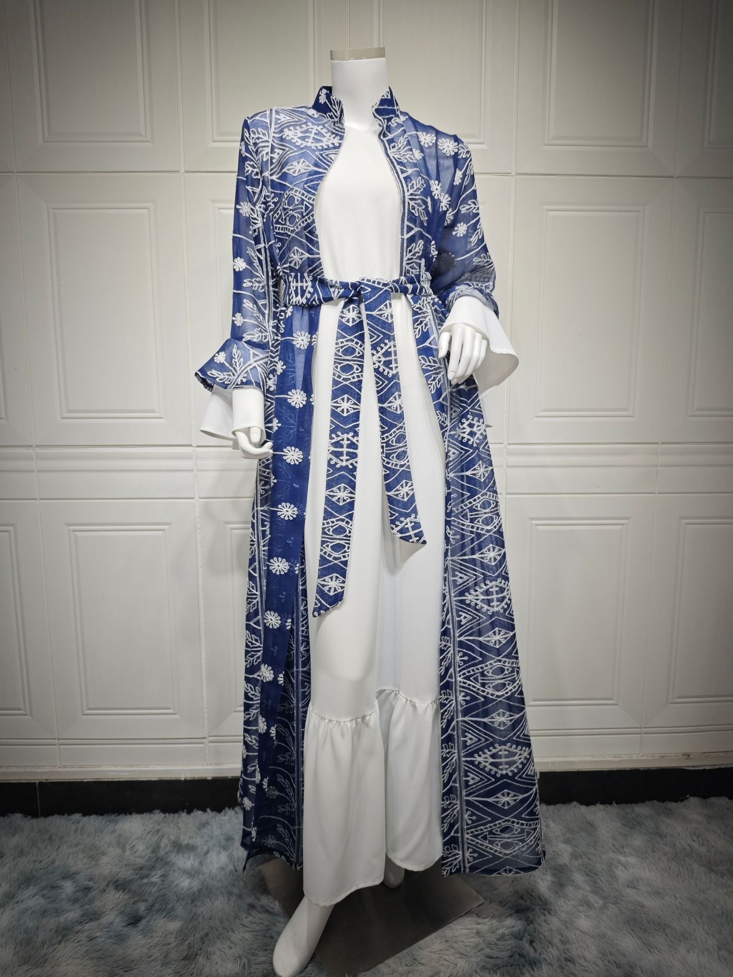 Fall Casual Maxi Dresses for Women Flare Sleeve Embroidery Lace Dress