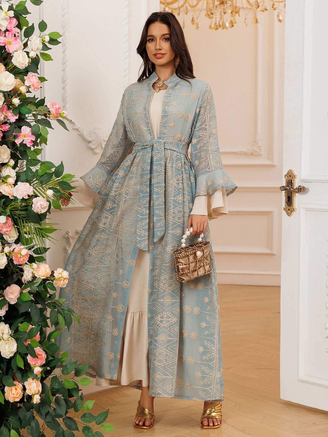 Fall Casual Maxi Dresses for Women Flare Sleeve Embroidery Lace Dress