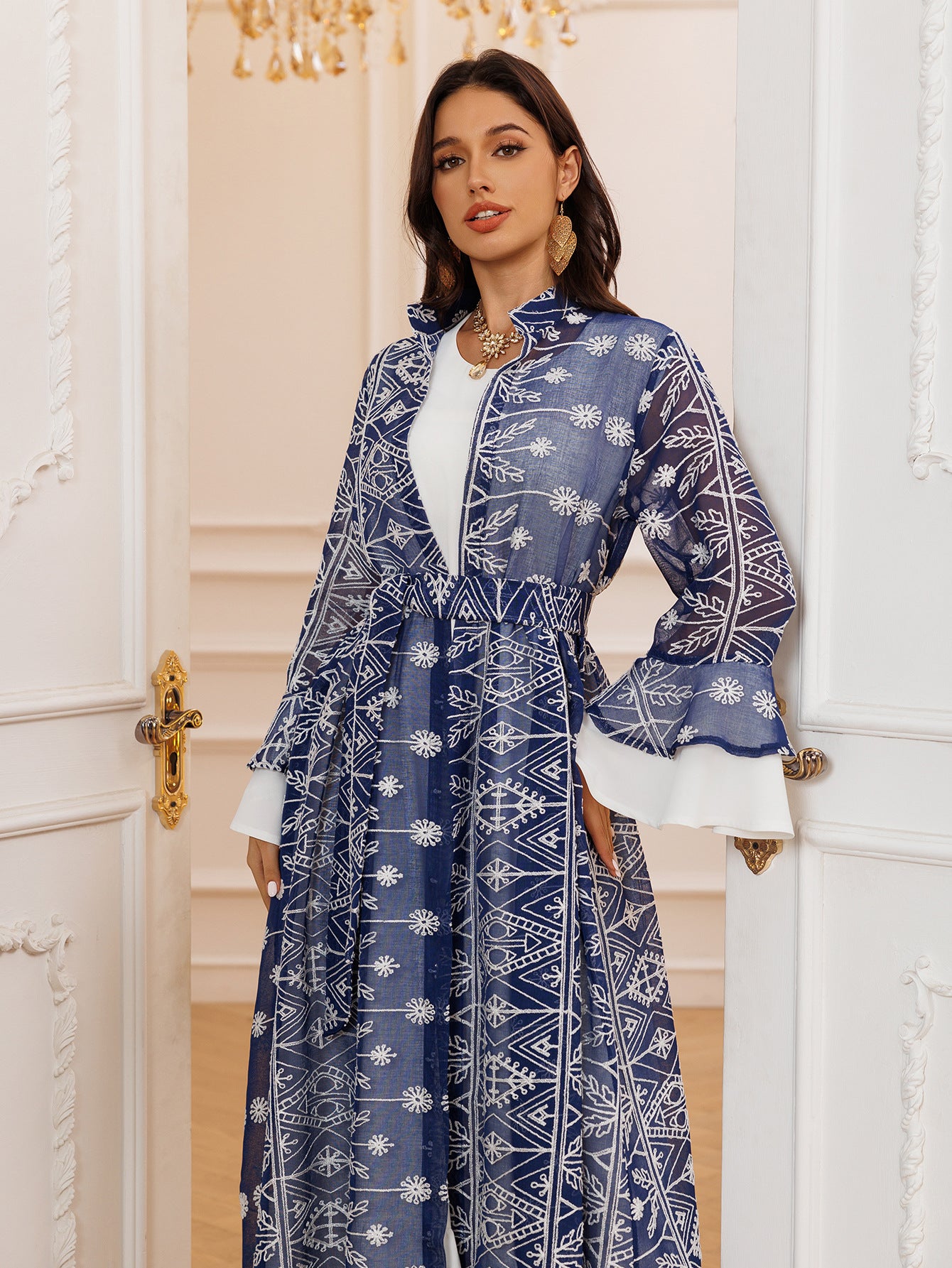 Fall Casual Maxi Dresses for Women Flare Sleeve Embroidery Lace Dress