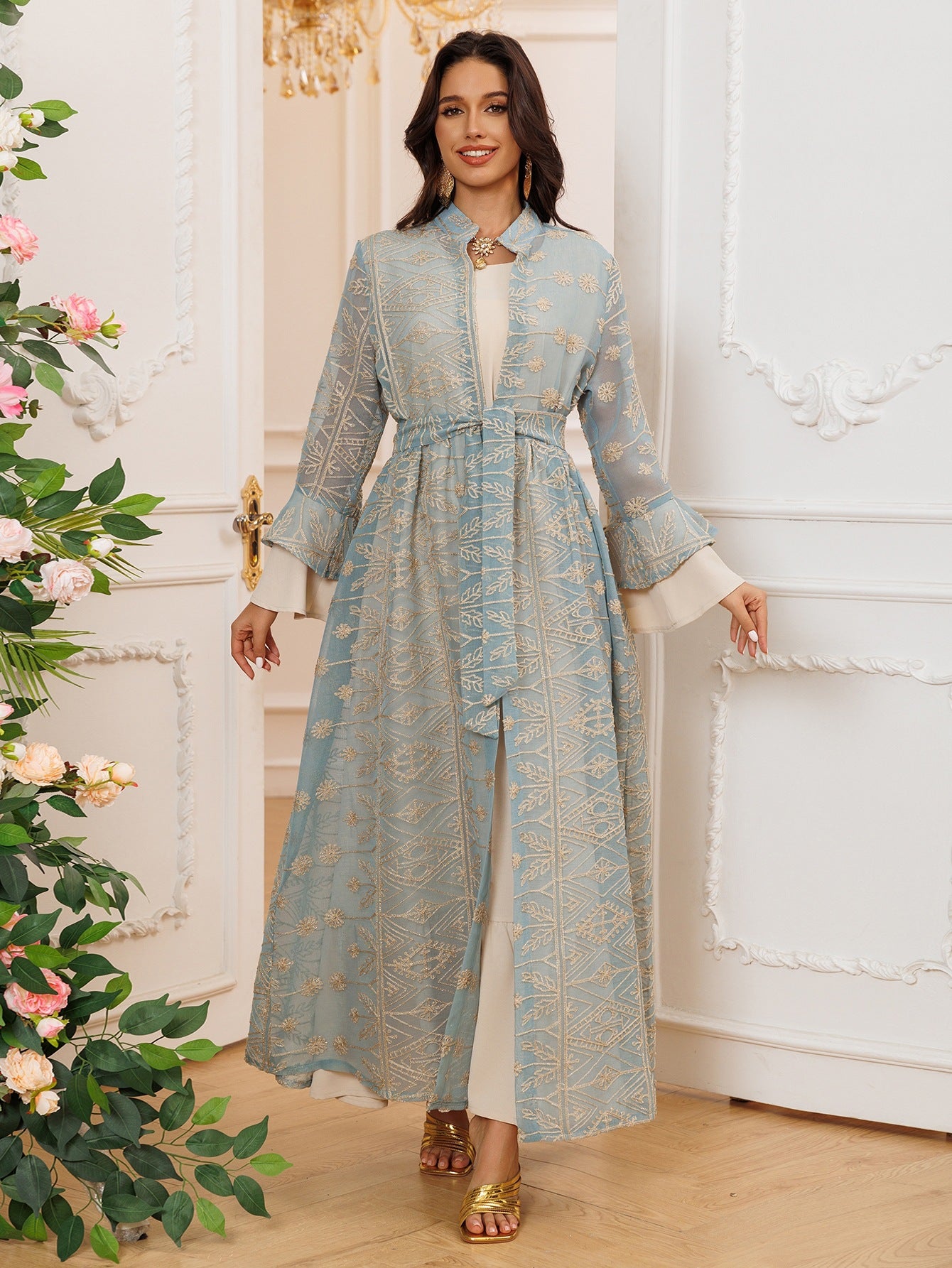 Fall Casual Maxi Dresses for Women Flare Sleeve Embroidery Lace Dress