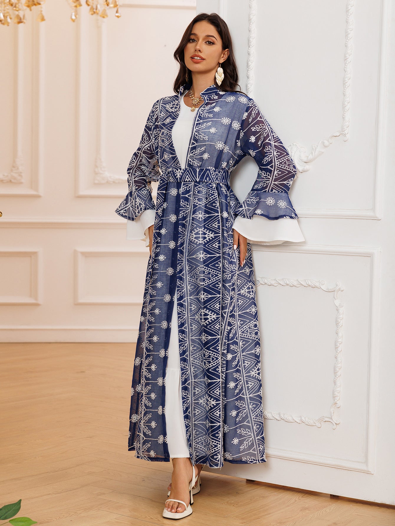 Fall Casual Maxi Dresses for Women Flare Sleeve Embroidery Lace Dress