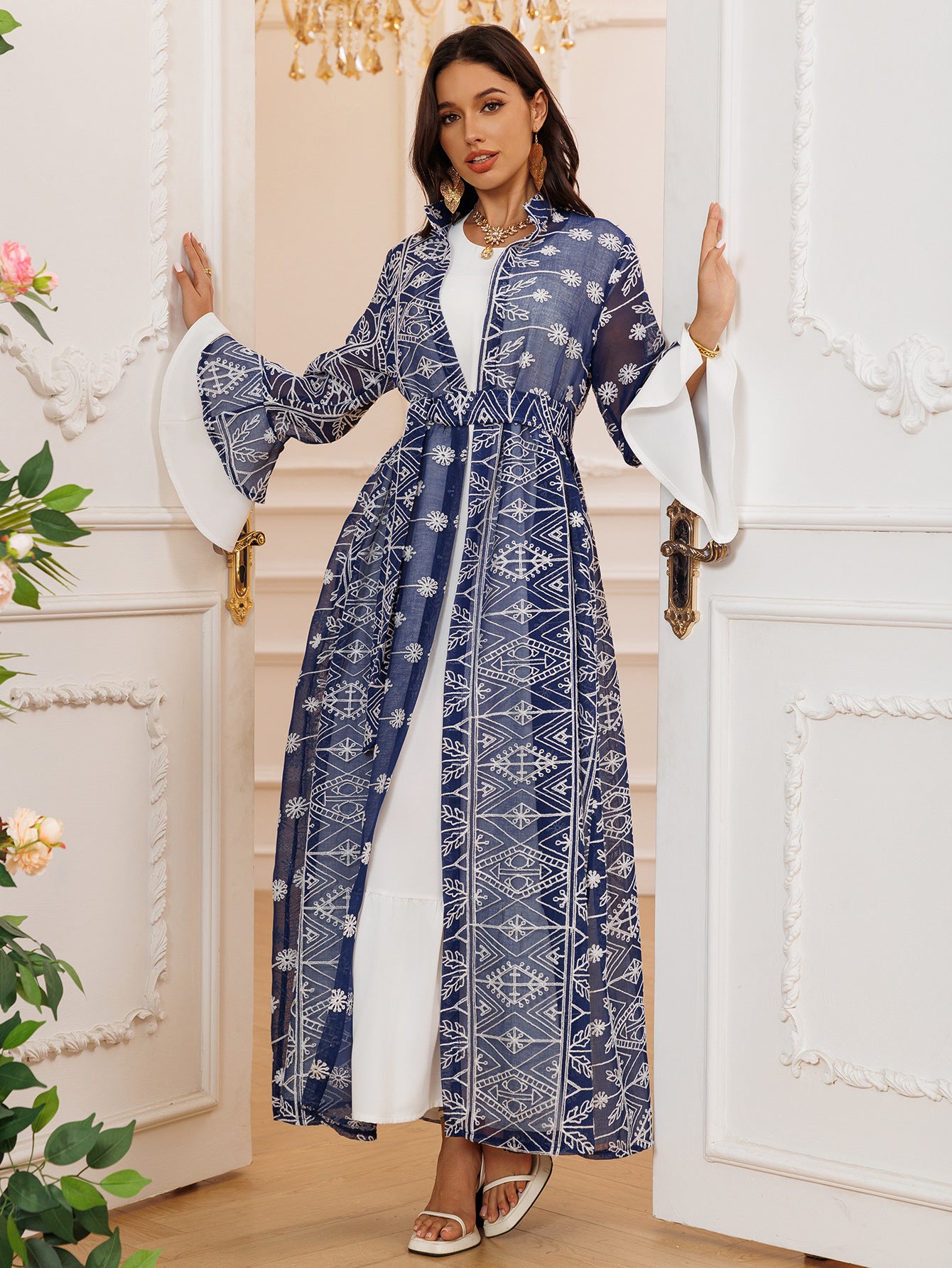 Fall Casual Maxi Dresses for Women Flare Sleeve Embroidery Lace Dress