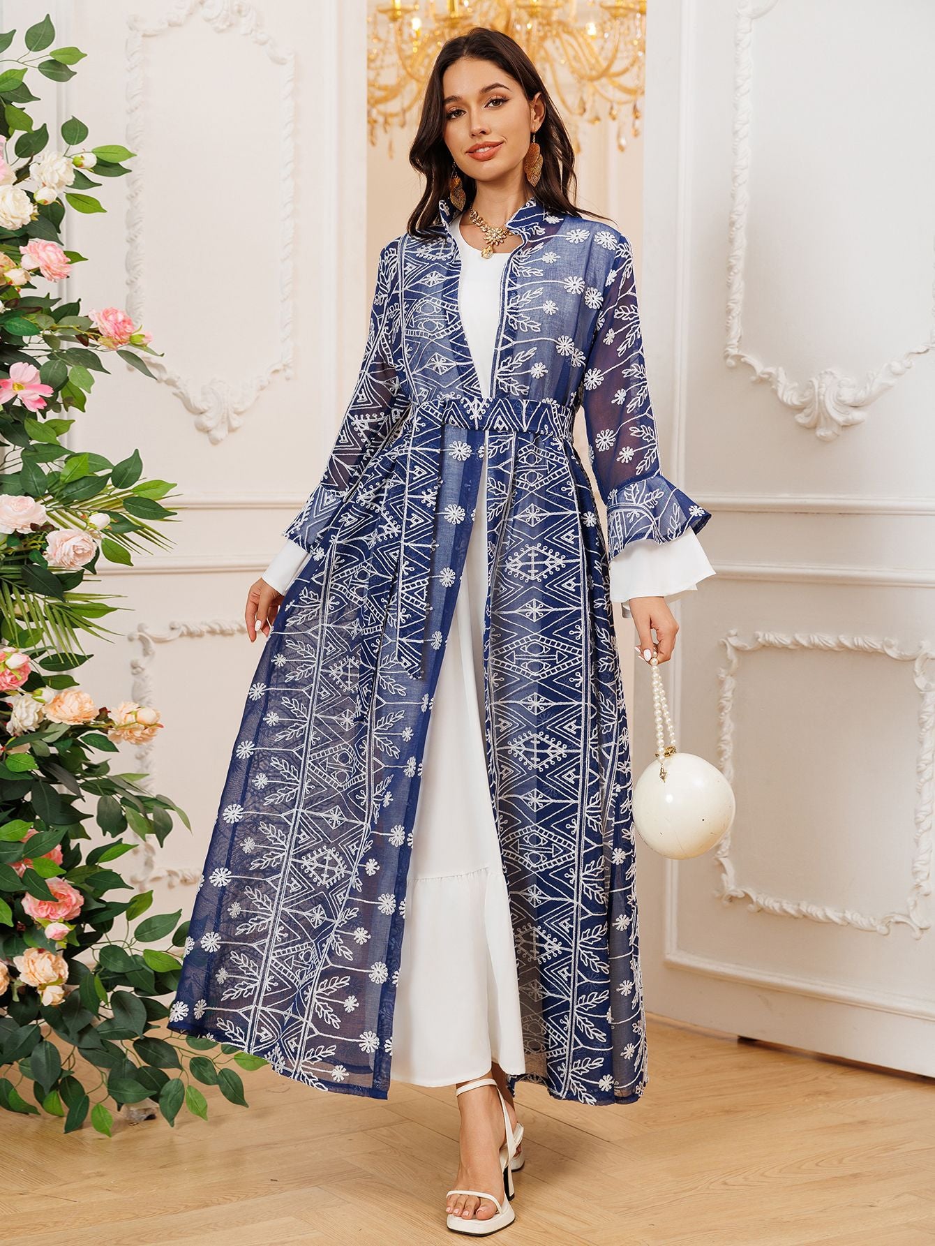 Fall Casual Maxi Dresses for Women Flare Sleeve Embroidery Lace Dress