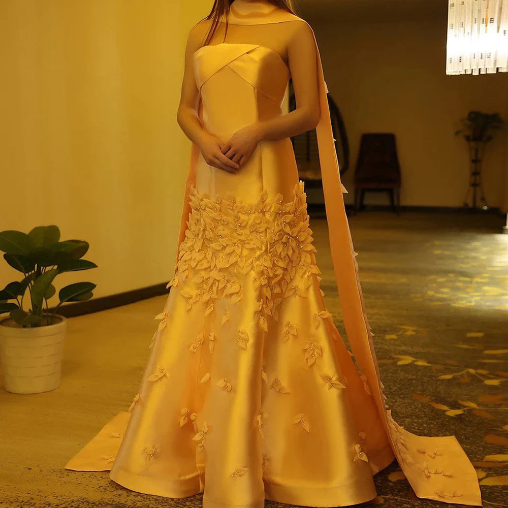 Luxury Evening Dress Handmade Floral Petals Beading Strapless Sleeveless Satin Mermaid Prom Dresses Saudi Arab Party Gown