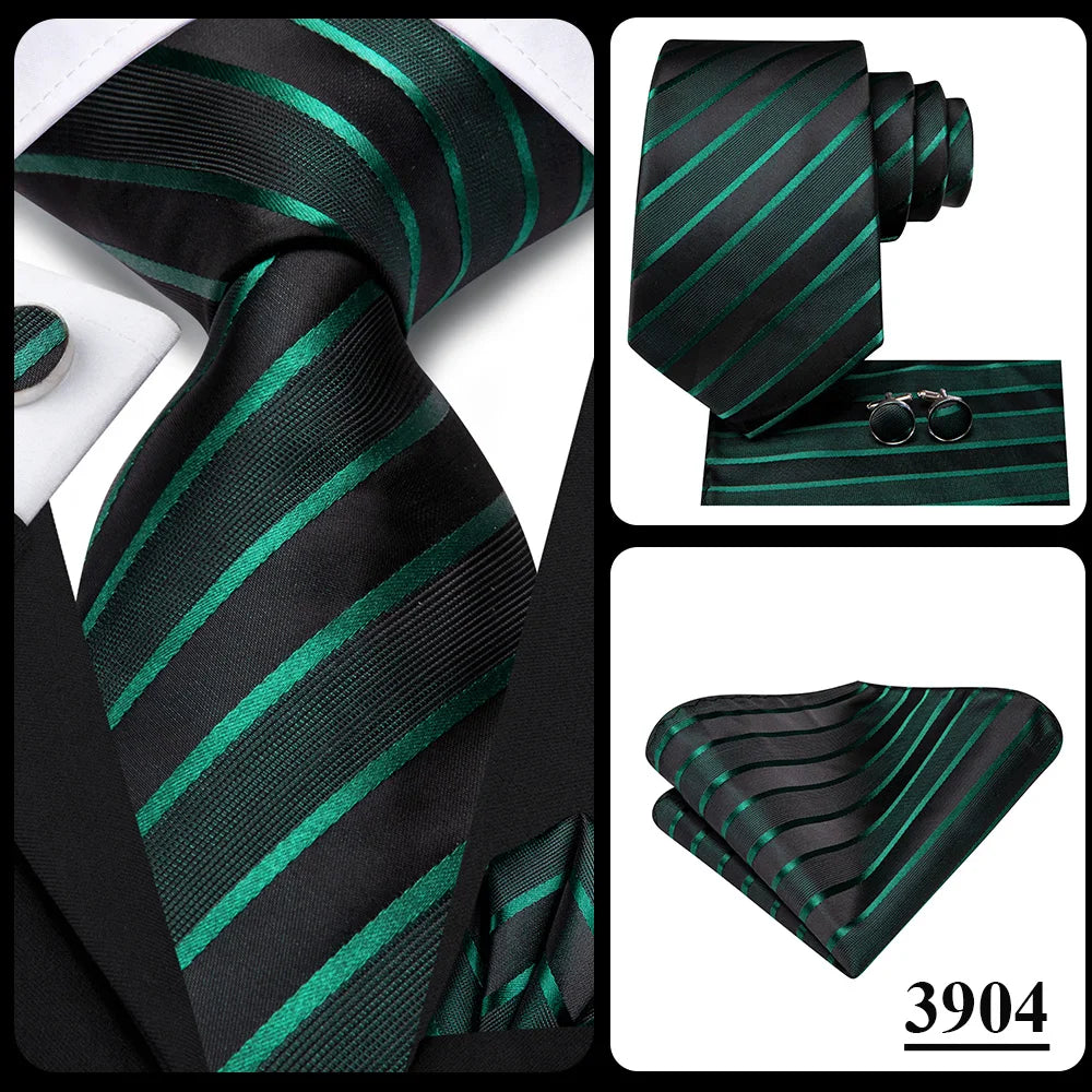 Hi-Tie Men Fashion Striped Navy Blue Necktie Handkerchief Cufflinks for Tuxedo Accessory Classic Silk Luxury Tie for Man Gift
