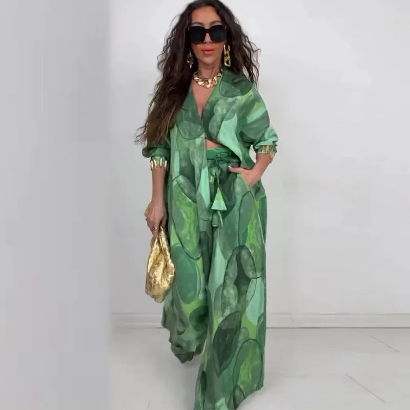 Eid Muslim Suits Women Print Blouses Wide Leg Pants Set Two Piece Musulman Ensemble Dubai Arabic Morocco Islam Casual Ramadan