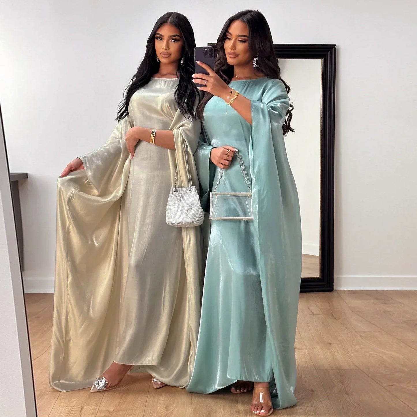Ramadan Summer Batwing Sleeve Satin Butterfly Abaya Islam Muslim Maxi Dress Kebaya Women Kaftan Robe Musulmane Femme Vestidos