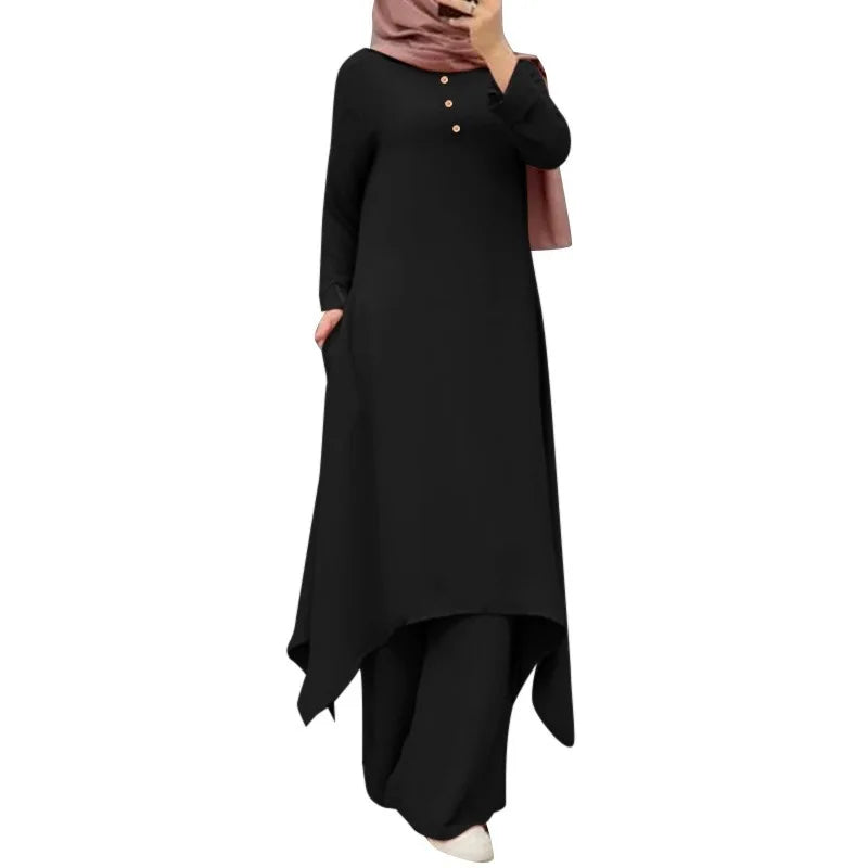 Eid Muslim Women Blouses Dress Wide Leg Pants Set 2 Piece Musulman Ensemble Dubai Casual Arab Ramadan Kaftan 2024 Outfit Suits