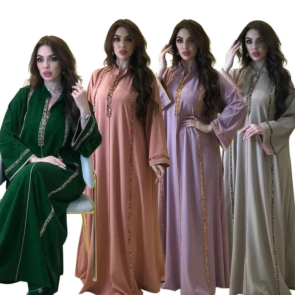 Ramadan Abaya Femme Musulmane Moroccan Kaftan for Woman Fashion Solid Diamonds Full Sleeve Loose Turkish Dubai Robe