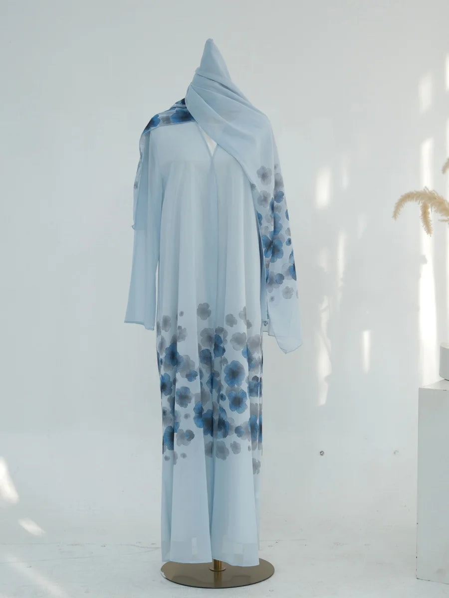 Muslim Women Arabic Dubai Abaya Chiffon Print Kimono Cardigan Long Dress With Hijab Modest Kaftan Robe Femme Islamic Clothing