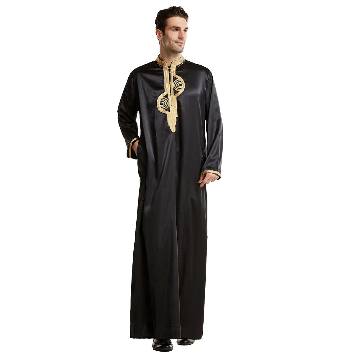 1pcs/lot man fashion embroidery muslim long robe man stand collar long sleeve jubba thobe